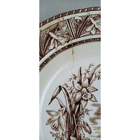 W.H. Grindley Daffodil Brown White Transferware Ironstone Bowl Ca. 1880s Vintage - Picture 3 of 16
